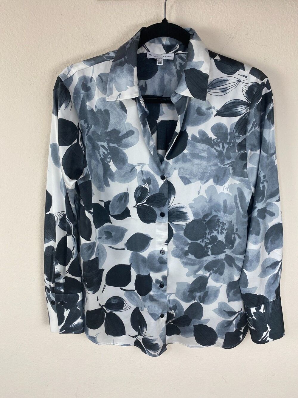 Maison d’Amélie Satin Floral Button Down Blouse XS Black White Gray Long Sleeve